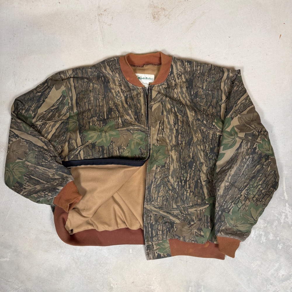 Vintage Gander Mountain Trebark Camo Bomber Jacket Mens XL waffle lined Hunting